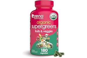 Zena Nutrition Organic Super Greens Fruit & Veggies Supplement, 70+ Superfoods from Fruit & Vegetables, Spirulina, Chlorella, Prebiotics & Probiotics, Digestive Enzymes for Gut Health, 180 Capsules