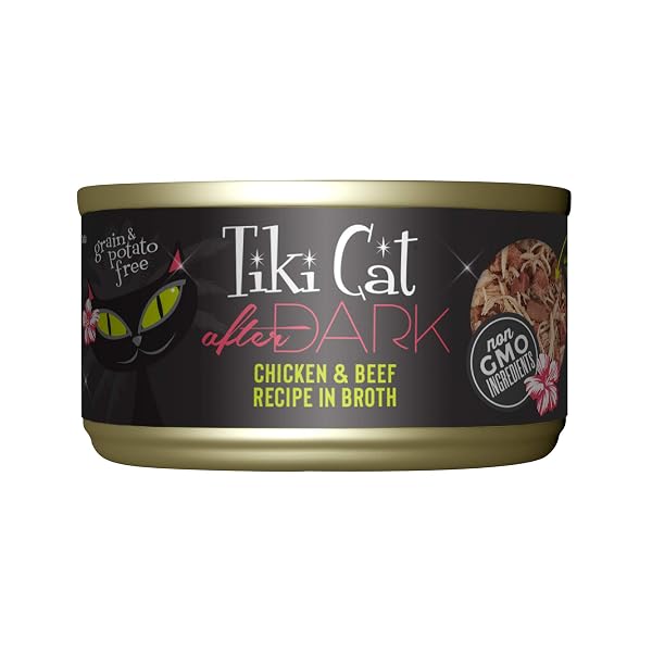 TIKI PETS CAT AFTER DARK GRAIN-FREE, LOW-CARBOHYDRATE WET FOOD WITH REAL SHREDDED MEAT FOR CATS & KITTENS, 2.8OZ, 12PK, CHICKEN & BEEF, BLACK (11240)
