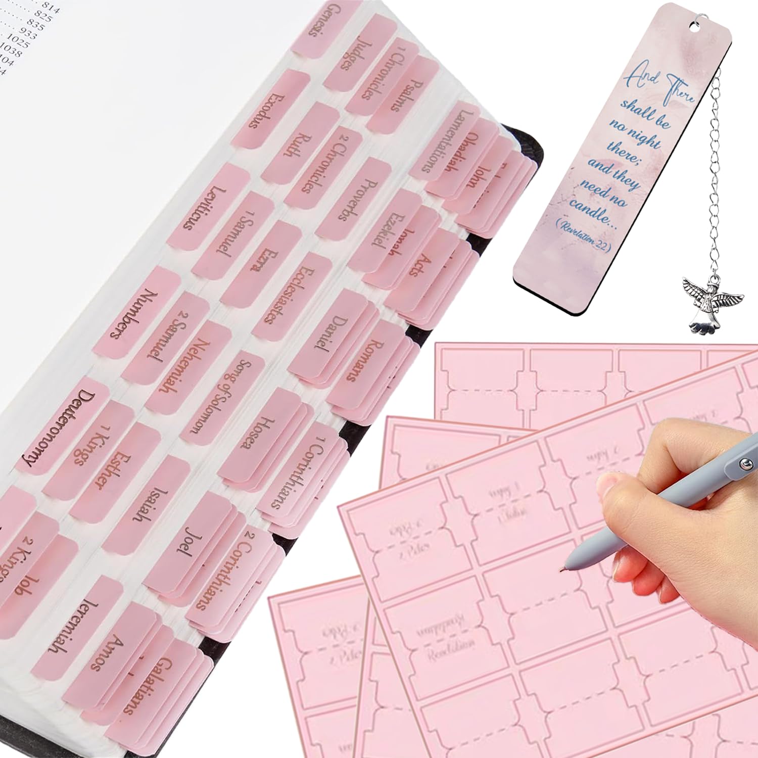 90PCS Pink Book Bible Tabs with a Rectangular for Study Bible Bookmark, Journaling Page Markes Stickers, Laminated Bible Tabs for Women, Old and New Testament
