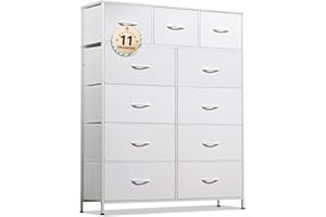 NASHZEN Dresser for Bedroom with 11 Drawers, Tall Fabric Chest of Drawers Storage Organizer with Steel Frame, Wood Top for Bedroom, Hallway, Closet, White