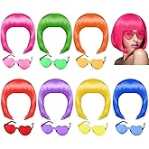 PLULON 7 Pcs Neon Short Bob Wigs Colored Wigs with 7 Pcs Sunglass, Colorful Party Cosplay Wigs Daily Hairpieces for Bachelorette Party Favors Supplies Halloween Costumes