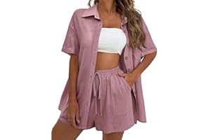 QIBABU Women's Linen Shorts Sets 2 Piece Summer Short Sleeve Top and Shorts Sweatsuit Set Vacation Beach Outfits