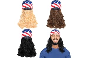BOARDFEB 3 Pcs Mullet Wig Skull Cap for Men 4th of July Headscarf Patriotic USA Headscarf Independence Day Wigs