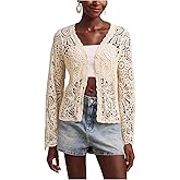 MakeMeChic Women's Crochet Cardigan Sweater Hollow Out Boho Tops Button Down Long Sleeve Cardigan