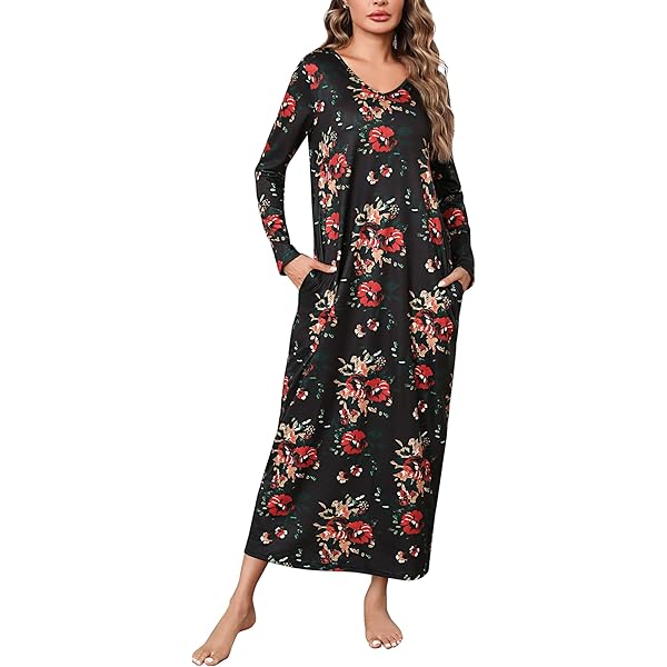 Womens Nightgowns Long Sleeve Maxi House Dress Casual Crewneck Nightshirt  Dresses Full Length Sleepwear with Pockets at Amazon Women's Clothing store