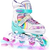 SULIFEEL Rainbow Unicorn Inline Skates for Girls Boys 4 Size Adjustable Light up Wheels Skates for Kids Beginner