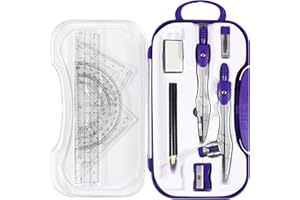 Vobou 10 Pieces Math Geometry Kit Set Student Supplies with Shatterproof Storage Box,Includes Rulers,Protractor,Compass,Eraser,Pencil Sharpener,Lead Refills,Pencil,for School and Drawings（Purple）