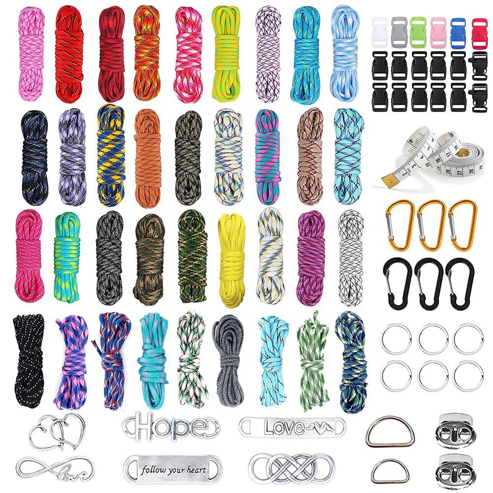 Paracord 550 Set 36 Colours, Multifunctional Nylon Rope, Buckles with Needles for Making DIY Bracelet, Dog Lead or Collar, Lanyard, Key Fob