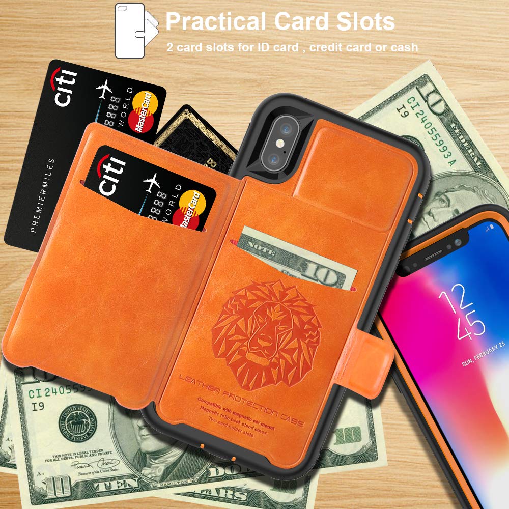 iPhone X Case, iPhone XS Shockproof Protective Wallet Case with PU Leather Card Holder for Apple iPhone X/XS (5.8 inches) [Orange+Black]