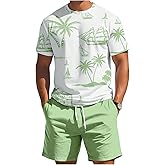 RoseSeek Men's 2 Piece Outfits Tropical Graphic Short Sleeve T-Shirt and Drawstring Waist Shorts Sets