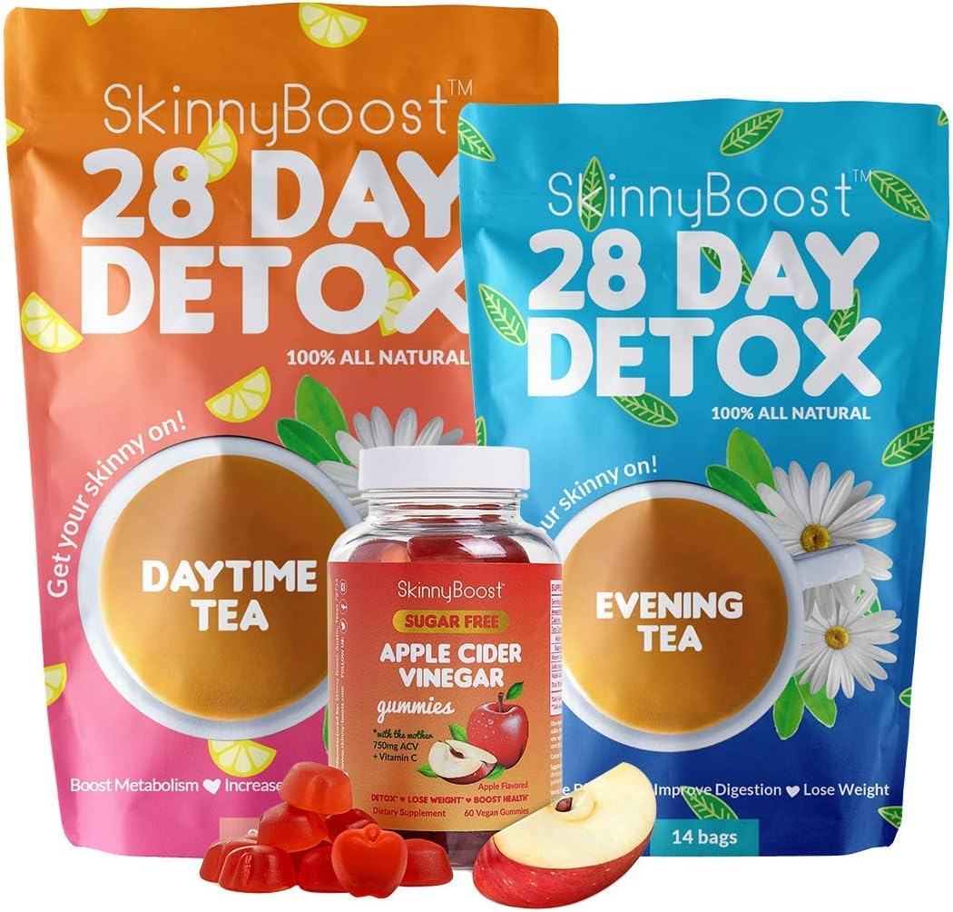 Skinny Boost Detox Power Kit-1 Daytime Tea (28 Bags)1 Evening Detox Tea (14 Bags) Plus 1 SUGAR FREE Apple Cider Vinegar Gummies (60 Vegan Gummies), Supports Detox & Cleanse-Non GMO, Vegan, All Natural