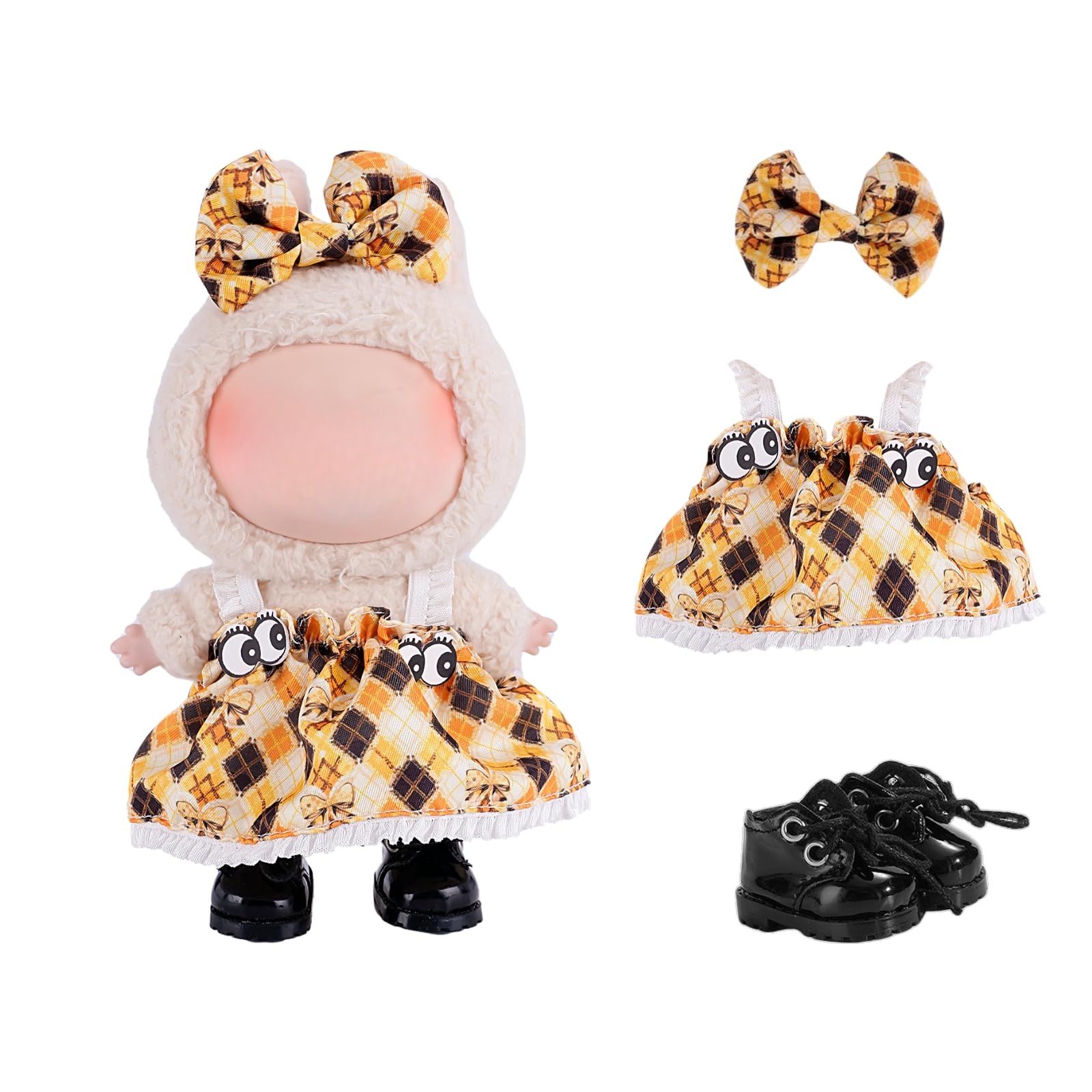 Photo 1 of 3-Piece Clothes for 17cm Doll Clothes Set & Outfit-Yellow Diamond Plaid Dress + Butterfly Clip + Versatile Black Glossy Shoes?no Doll Included