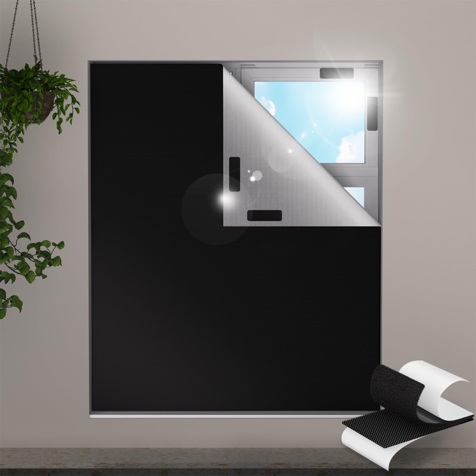 Valquid 𝟏𝟎𝟎%Blackout Blind, 300×145cm Portable Blackout Blinds Stick on Window, Temporary Blackout Curtains with 30 Velcro Pairs | Cutting any Size Shape for Bedroom, Travel and Skylight