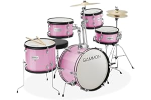 Gammon Percussion 5-Piece Junior Starter Drum Kit with Cymbals, Hardware, Sticks, & Throne - Pink