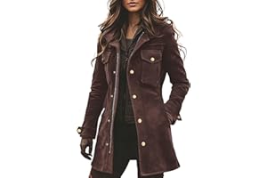 chouyatou Women's Retro Faux Suede Leather Jacket Zip Up Military Utility Safari Jacket Midi Long Shacket