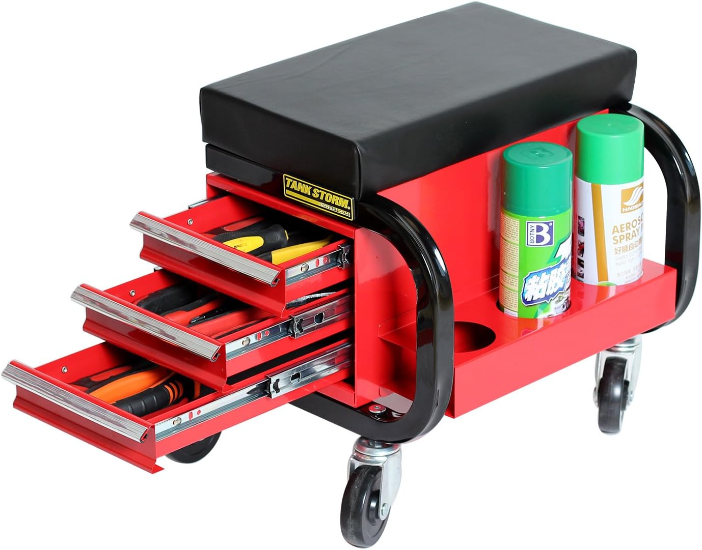 TANKSTORM Tool Box Built-In Creeper Seat, Garage Shop Roller Seat, 3 Drawers Heavy Duty Tool Chest With 4 Rolling Casters-350 Lbs Capacity: Automotive