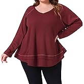 Agnes Orinda Plus Size Waffle Knitted Top for Women V Neck Long Sleeve Patchwork Hem Pullover Knit Sweater Blouses