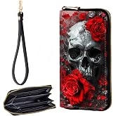 JHYYTUJTYP Zip Around Wallets for Women with Detachable Wrist Strap, Large Capacity RFID Blocking Leather Purse Organizer Card Holder Wristlet,Rose Skull