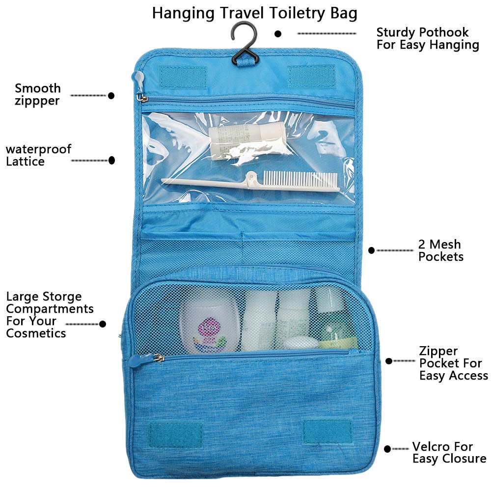 Hanging Toiletry Bag Water Resistant, Travel Wash Bags Cosmetic Bags with 8 Pouches, Bathroom Shower Organizer Portable Durable for Men and Women (Blue)