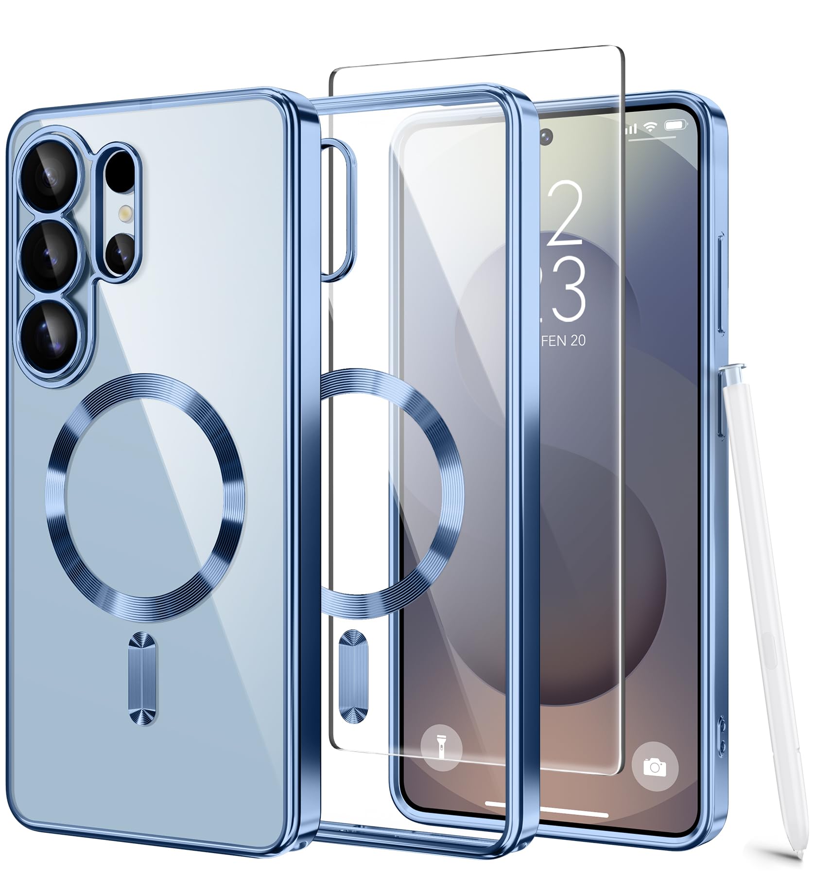 Magnetic Case for Samsung Galaxy S26 Ultra with Screen Protector,[Compatible with MagSafe][Full Camera Protection]Slim Military Shockproof Plating Phone Cover for Galaxy S26 Ultra(Blue/Clear)