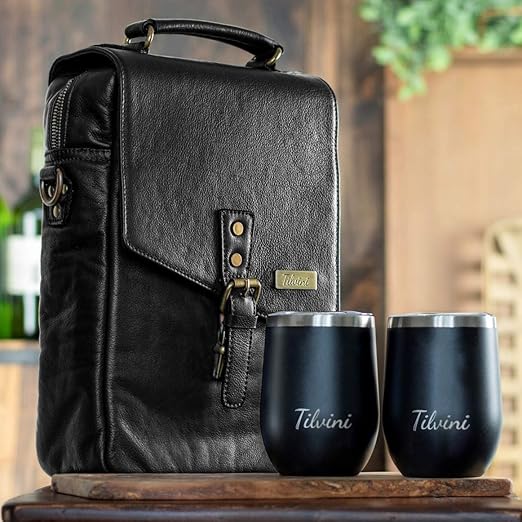 Amazon Com Tilvini Leather 2 Bottle Insulated Wine Bag And Tumblers Wine Cooler Bag For Beach Picnic Basket Wine Tote Wine Glass Gift Set Wine Gifts For Women Men Wine