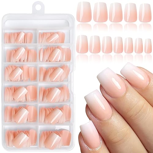 Bellelfin Ombre Press on Nails, Short Nude Coffin Nails, Pink Gradient Glue on Full Cover Acrylic Fake Nails for Women Girls, 240Pcs