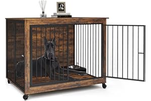 Yafylly 44 Inch Large Wooden Dog Crate Furniture with 180° Rotatable Bowl, Brown Multi-Functional Dog Crate End Table with Wheels, Furniture Dog Crate for Large Dogs with Flip-up Top Opening