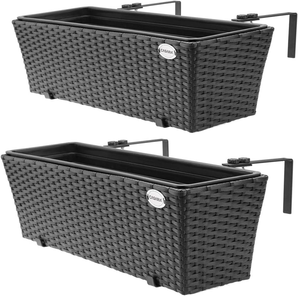 Casaria Set de 2 Maceteros Negros de poliratán con Soporte de Acero 60x20x19cm para su balcón Terra Ventana decoración