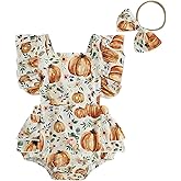 COORALLY Baby Girl Halloween Clothes Pumpkin Print Ruffle Sleeveless Romper Backless Bodysuit Jumpsuit Headband Outfits