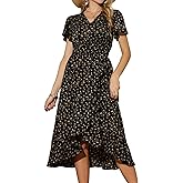 Seta T Women's Summer Dresses Flutter Short Sleeve Wrap Ruffle High Low Hem V Neck Floral Midi Dress