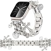 REALSIGN Stylish Metal Bands Compatible with Apple Watch Band 49/46/45/44/42mm 41/40/38mm Women,Cuban Chain Band with Cute Pendants Love Cross Charms Strap for iWatch Series 11 10 9 8 7 6 5 4 SE/Ultra 3 2 1