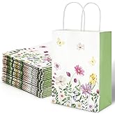 24Pcs Green Wildflower Paper Gift Bags Watercolor Wild Floral Party Favor Bags with Handles Decorative Goodie Candy Treat Bags for Spring Party Supplies