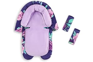 TANOFAR Baby Car Seat Head Support with Extra Headrest, 2-in-1 Babybody Supports with Shoulder Pads Set for Newborn, Adjustable Infant Car Seat Insert Compatible with Stroller, Baby Swing (Purple Flower)