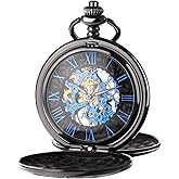 TREEWETO Men's Mechanical Skeleton Pocket Watch for Mens Women Blue Roman Numerals Dial Double Case Pocket Watches
