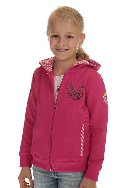 Isar Trachten Kinder Jacke Trachtenjacke Mädchen pink, Kapuzenjacke Kinder Sweatjacke mit Hirschstickerei