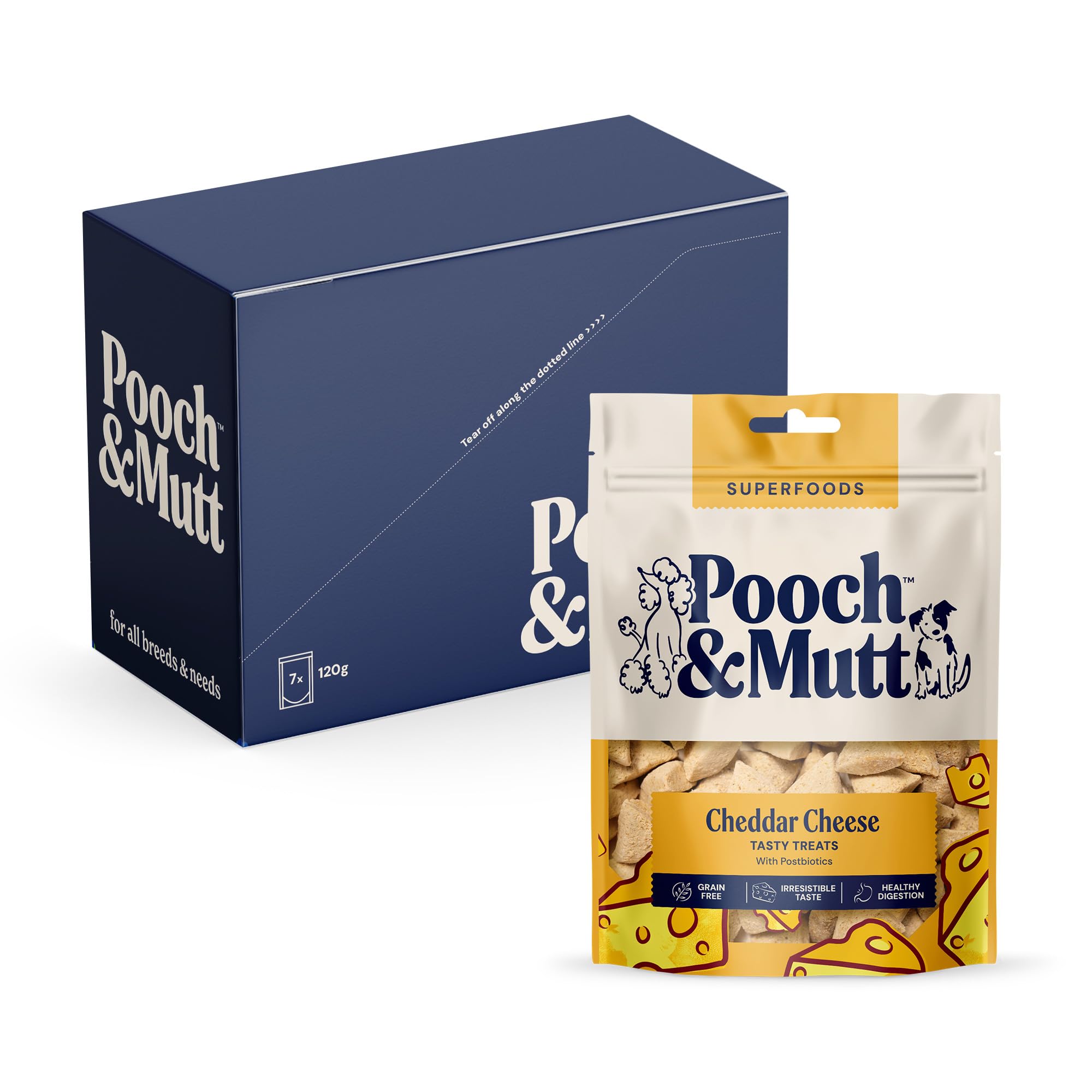 Pooch & Mutt - Cheddar Cheese Meaty Treats, Dog Treats Grain Free, Digestive Friendly and Vegan, Pack of 7x120g (packaging may vary)