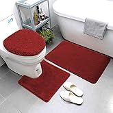 Luxury Home Goods 3 Piece Solid Super Soft Microfiber Bathroom Rug Set Includes Bath Rug, Contour Mat, and Toilet Lid Cover, Non-Slip Bath Rugs with Rubber Backing, Machine Washable (Burgundy)