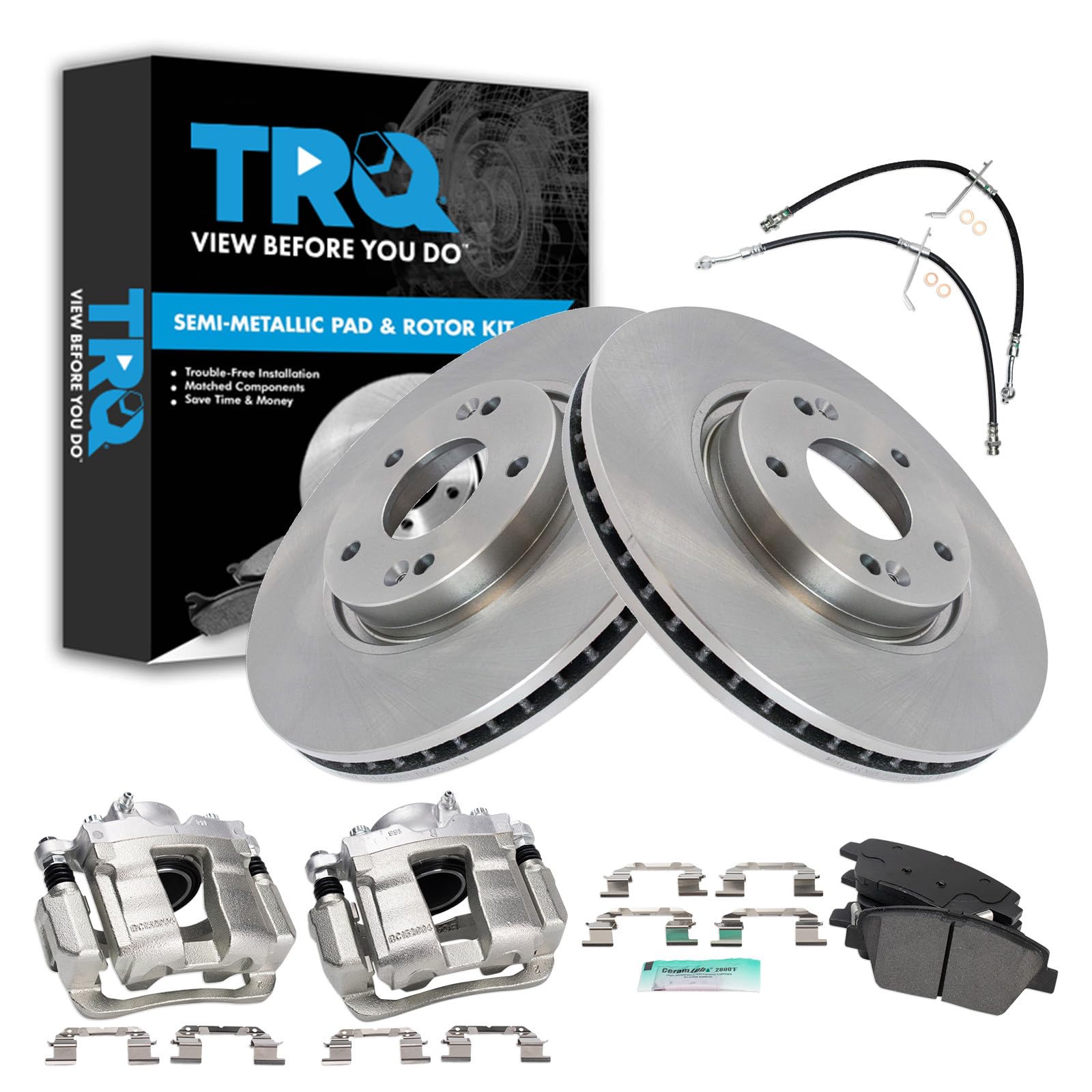TRQ Front Brake Pad and Rotor Set Semi Metallic Calipers Hoses Compatible with 2011-2015 Hyundai Sonata Hybrid 2013-2014 Sonata Hybrid Limited Image