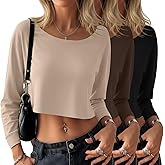 Neer 3 Pack Women's Cropped Long Sleeve Tops, Scoop Neck Loose Fit Sweatshirt Drop Shoulder Casual Basic Crop Tees