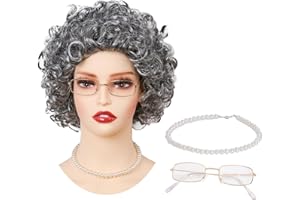 Fumwase Old Lady Wig Madea Granny Glasses Grandma Wig Perfect for Halloween Party Wigs Cosplay Kids 100 Days of School 3PCS Set of Gray Granny Costume Wigs for Women Girls Kids and Adults(Gray)
