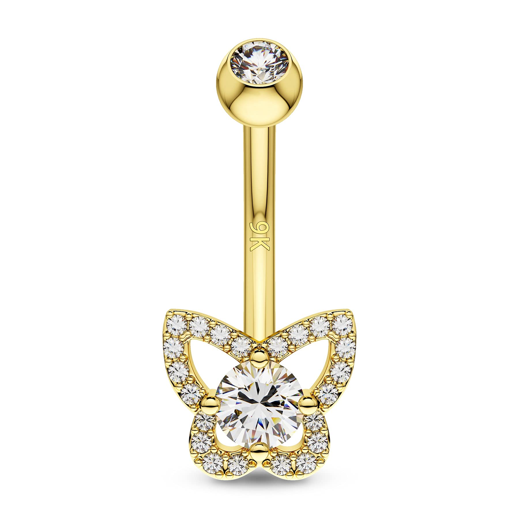 OUFER 14G 9ct Solid Gold Belly Bar Butterfly Belly Button Bar AAA+ CZ Navel Ring Piercing Barbell Body Jewellery Women