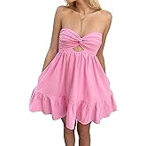 Meladyan Women’s Twist Knot Bandeau Tube Dress Solid Strapless Backless Mini Dresses Summer Hollow Ruffle Beach Dress