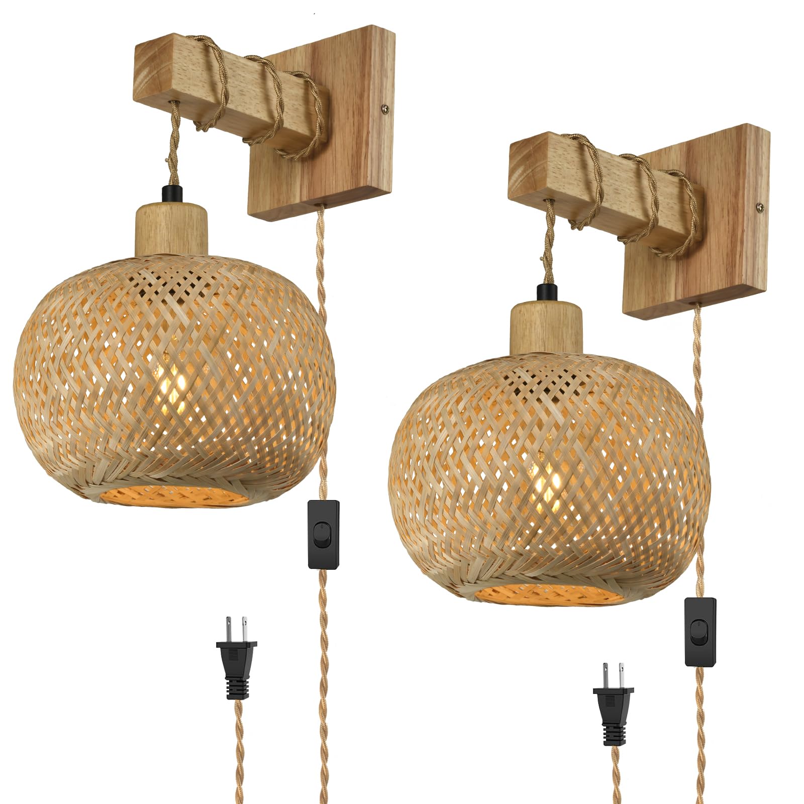 Photo 1 of NOVCAND Bamboo Plug in Wall Sconces Set of Two, Hand Woven Boho Wall Lamp Plug in Cord Wall Sconces for Bedroom Living Room Farmhouse