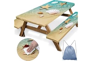 Britown Picnic Table Cover with Bench Covers Elastic Edges, Beach Fitted Table Cover, Outdoor Patio Camping Essentials 72 Inch 3PCS, Waterproof Camping Fitted Tablecloth with Drawstring Bag