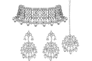 Aheli Elegant Indian Faux Kundan Studded Choker Necklace with Maang Tikka Set Ethnic Wedding Wear Fashion Jewelry for Women Blue