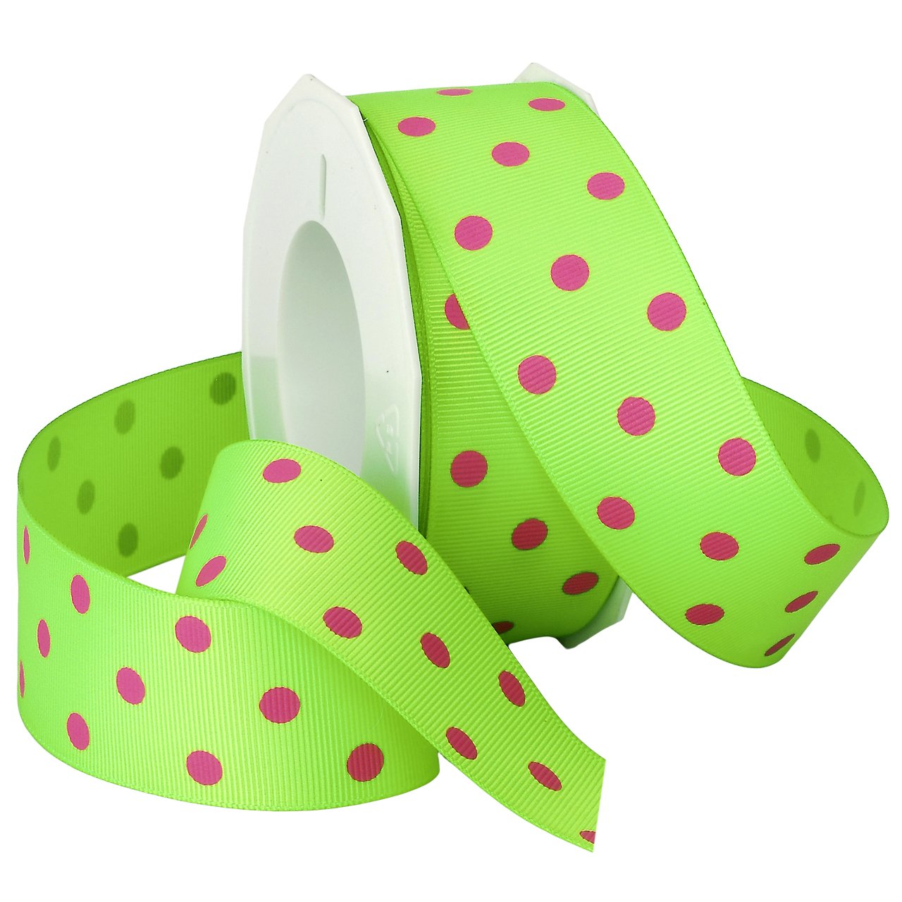 Morex Grosgrain Dot Ribbon, 1-1/2-Inch by 20-Yard Spool, Lime with Hot Pink Dots, 3908.38/20-556