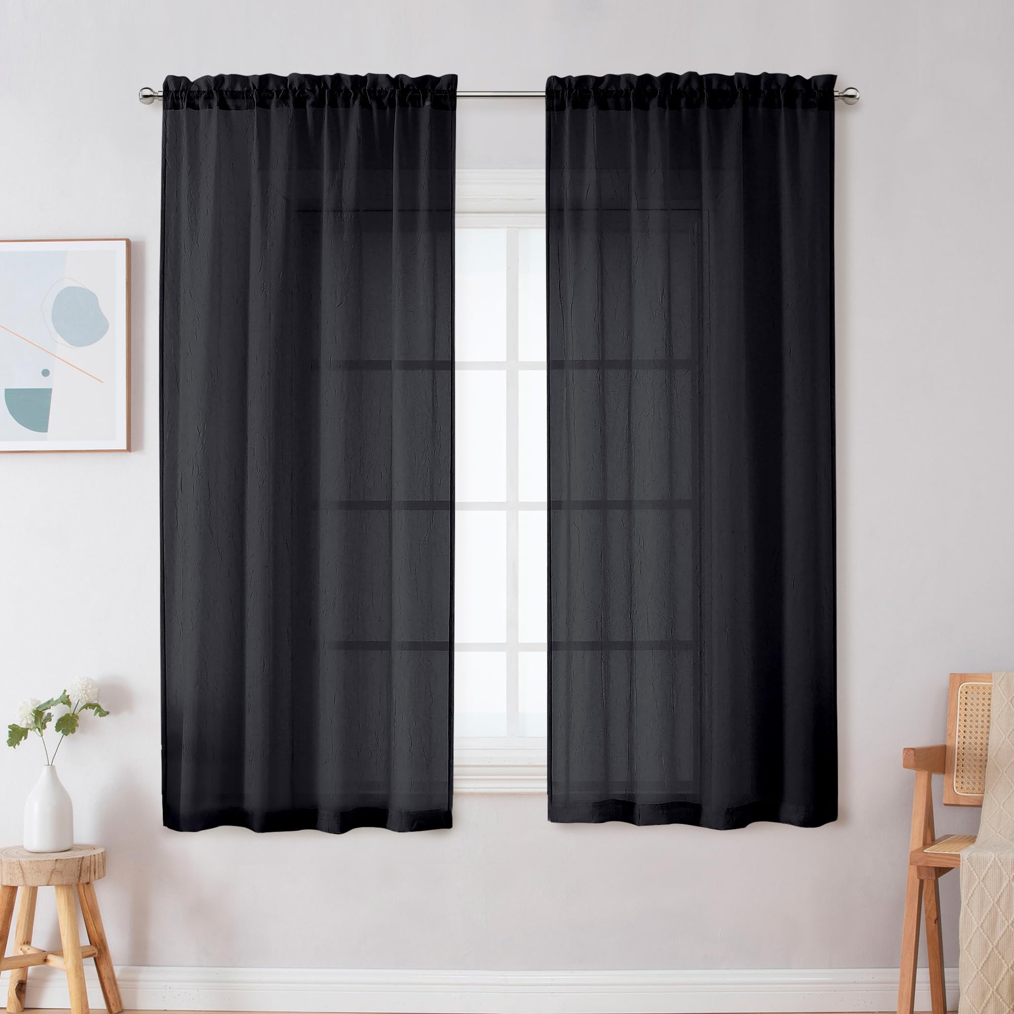 Photo 1 of OWENIE Crushed Black Sheer Curtains - 63 Inch Length, 2 Panels Set for Bedroom, Rod Pocket, Light Filtering Semi Sheers, Crinkled Curtains for Small Window, 42" Wide