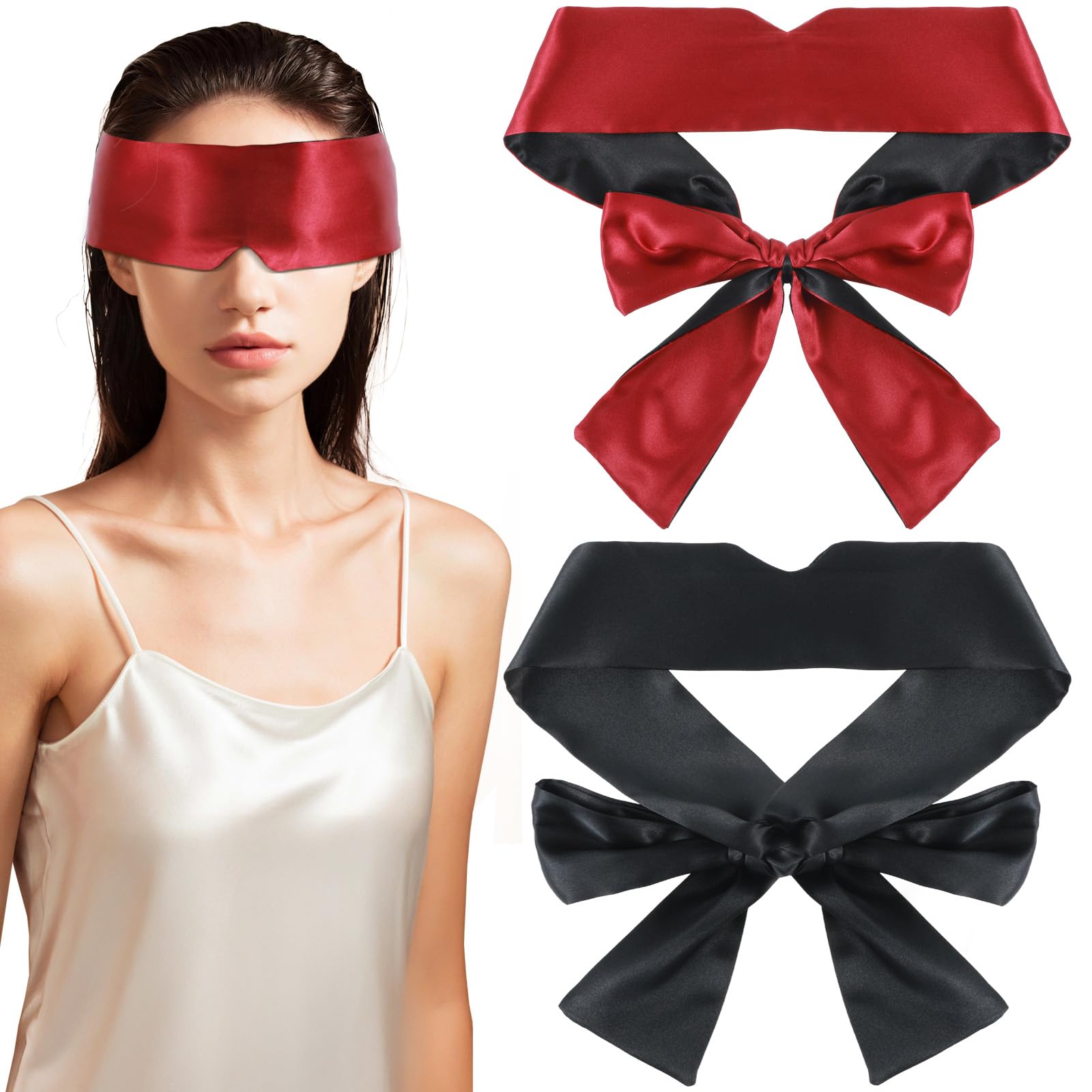 Photo 1 of Shimmeroo 2PCS Satin Eye Mask for Sleeping,Adjustable Travel Eye Mask Sleeping for Women 59 Inchs V-Shaped Blind Folds (Black Claret)