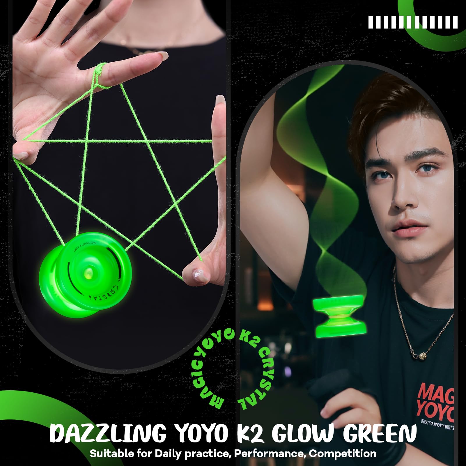 MAGICYOYO K2 Yoyo Professional Glow in The Dark, Responsive Yoyo for Kids 8-12, Unresponsive Yo yos for Adults, Plastic Yo-yo for Finger Spin Trick, 12 Yo yo Strings + Extra accessory kit (Glow Green)
