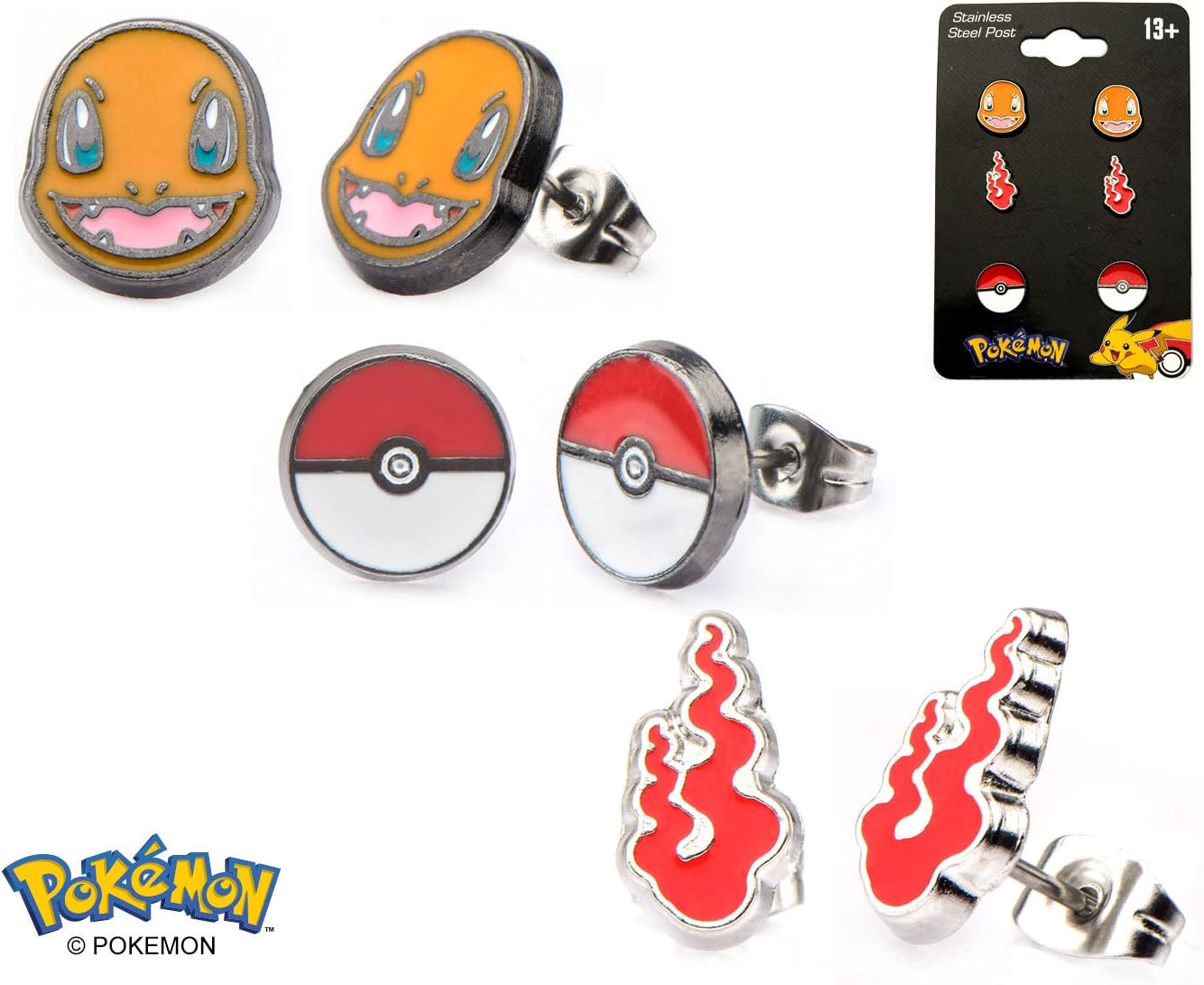Pokemon Earring Set 3 Pairs (Charmander, Poke Ball and Fire Flame )